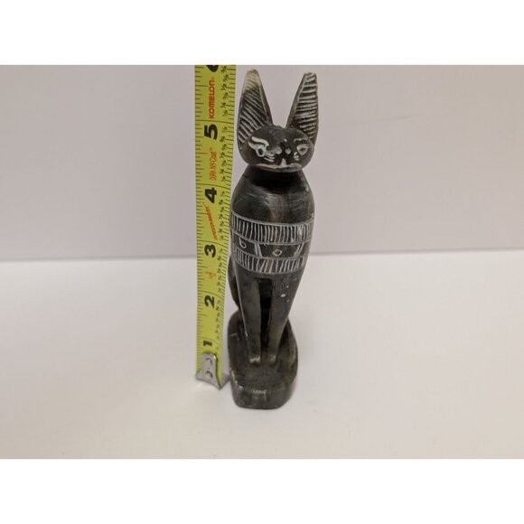 Hand-Carved Black Soapstone Egyptian Cat Figurine Hieroglyphic Detailing - Picture 10 of 10